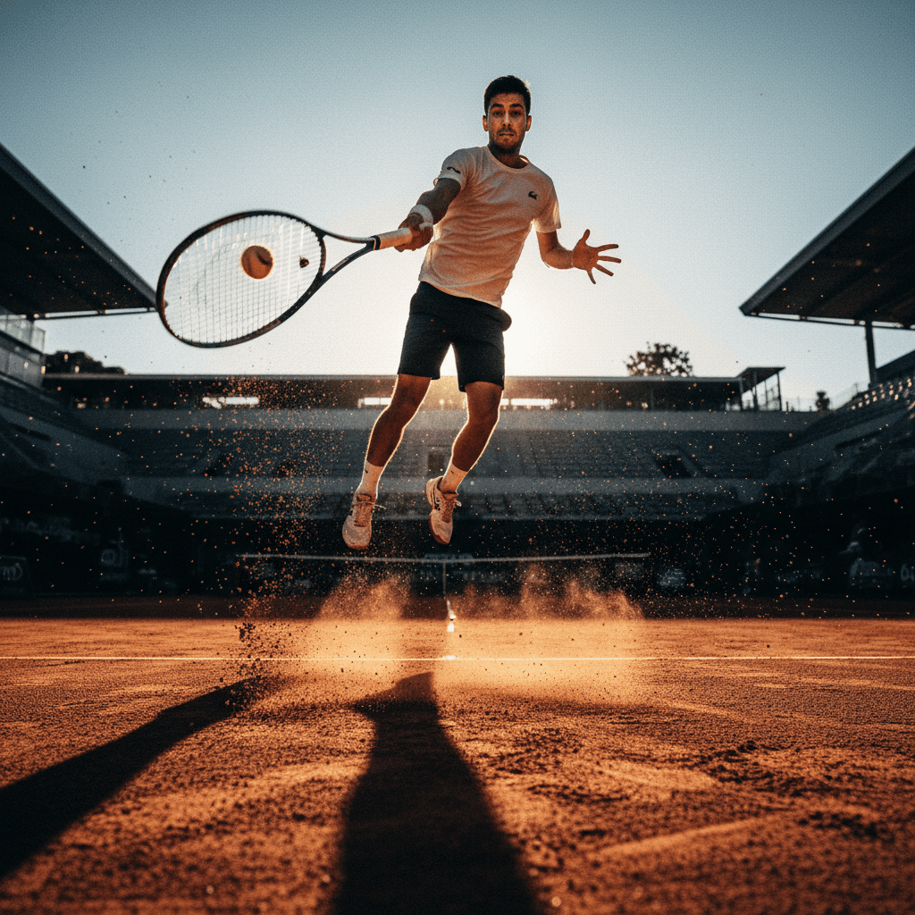 Tennis player mid-swing