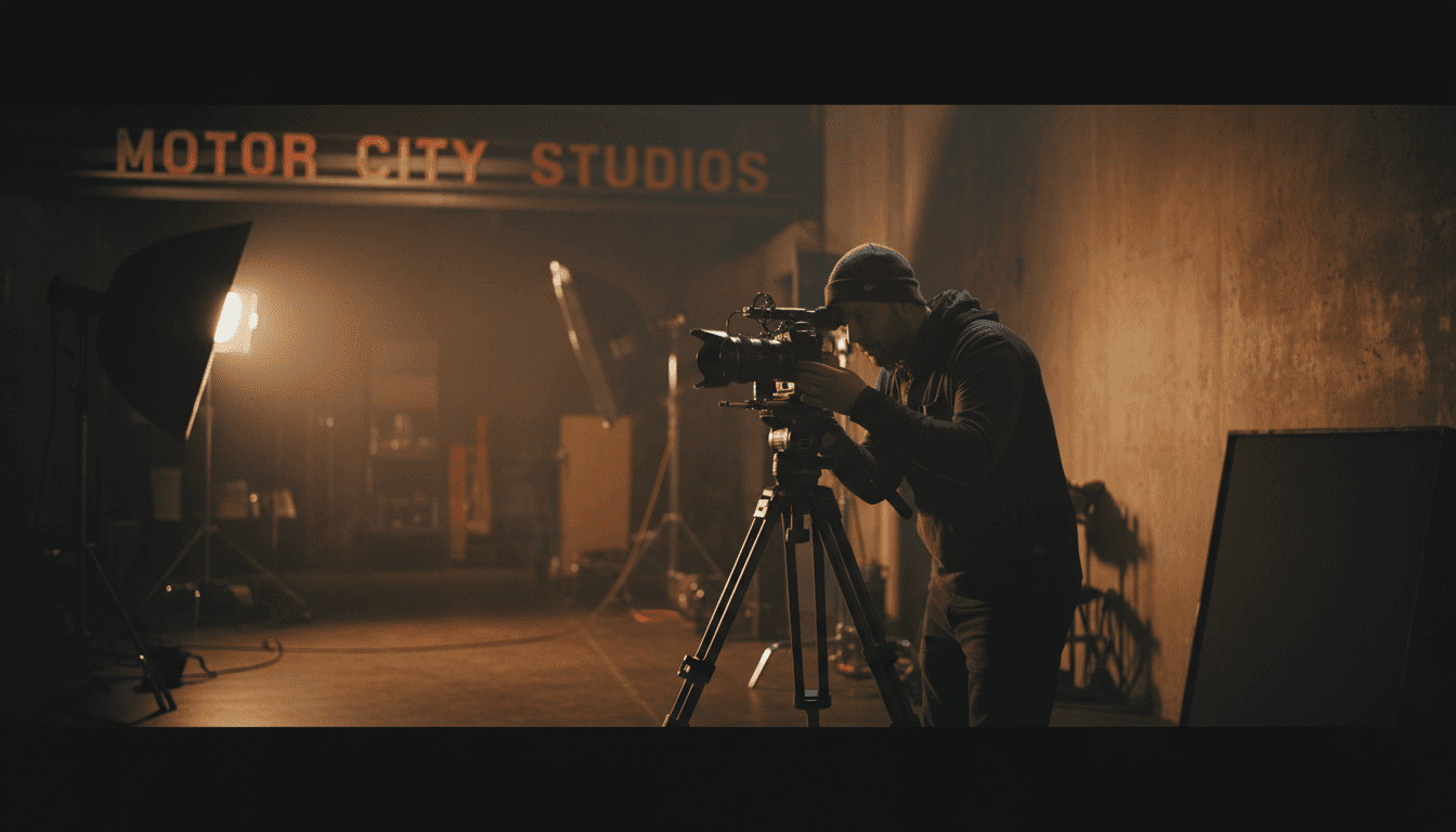 Photographer adjusting camera on tripod in a moody studio setting