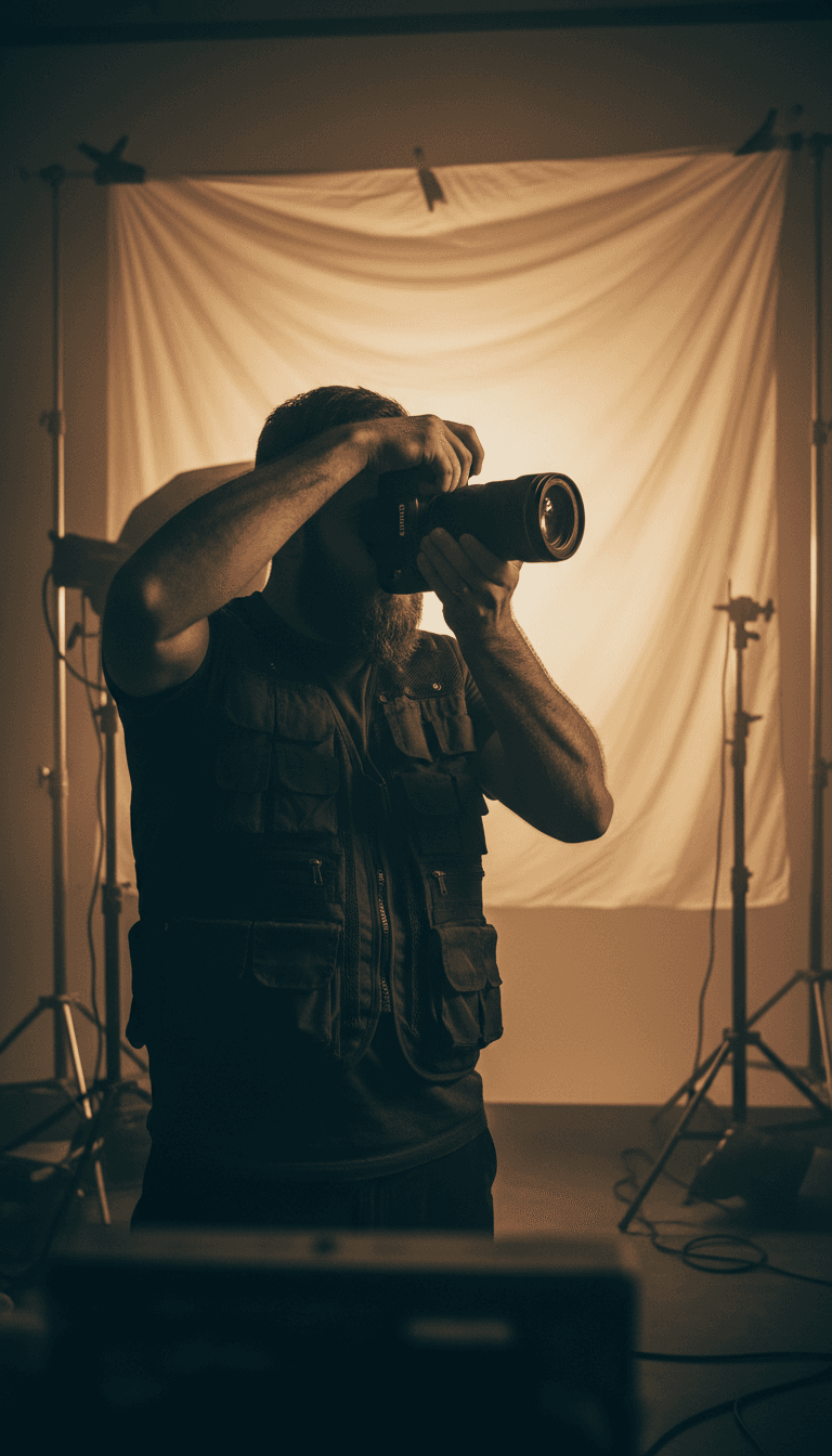 Photographer composing a shot through a Canon camera viewfinder
