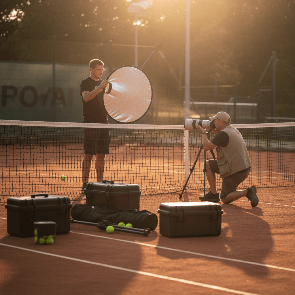 Crew adjusting lighting on the court