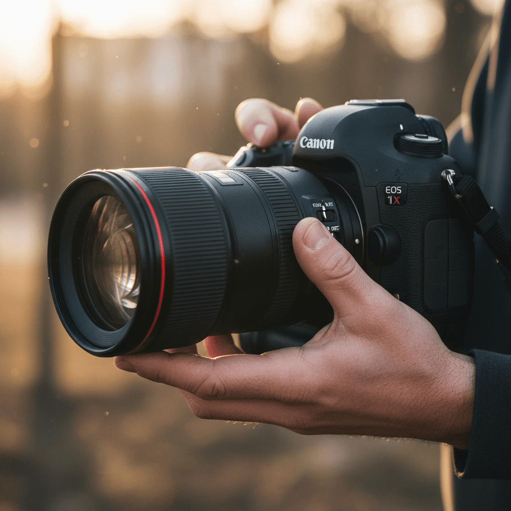 Photographer's hands adjusting a Canon camera lens in the studio