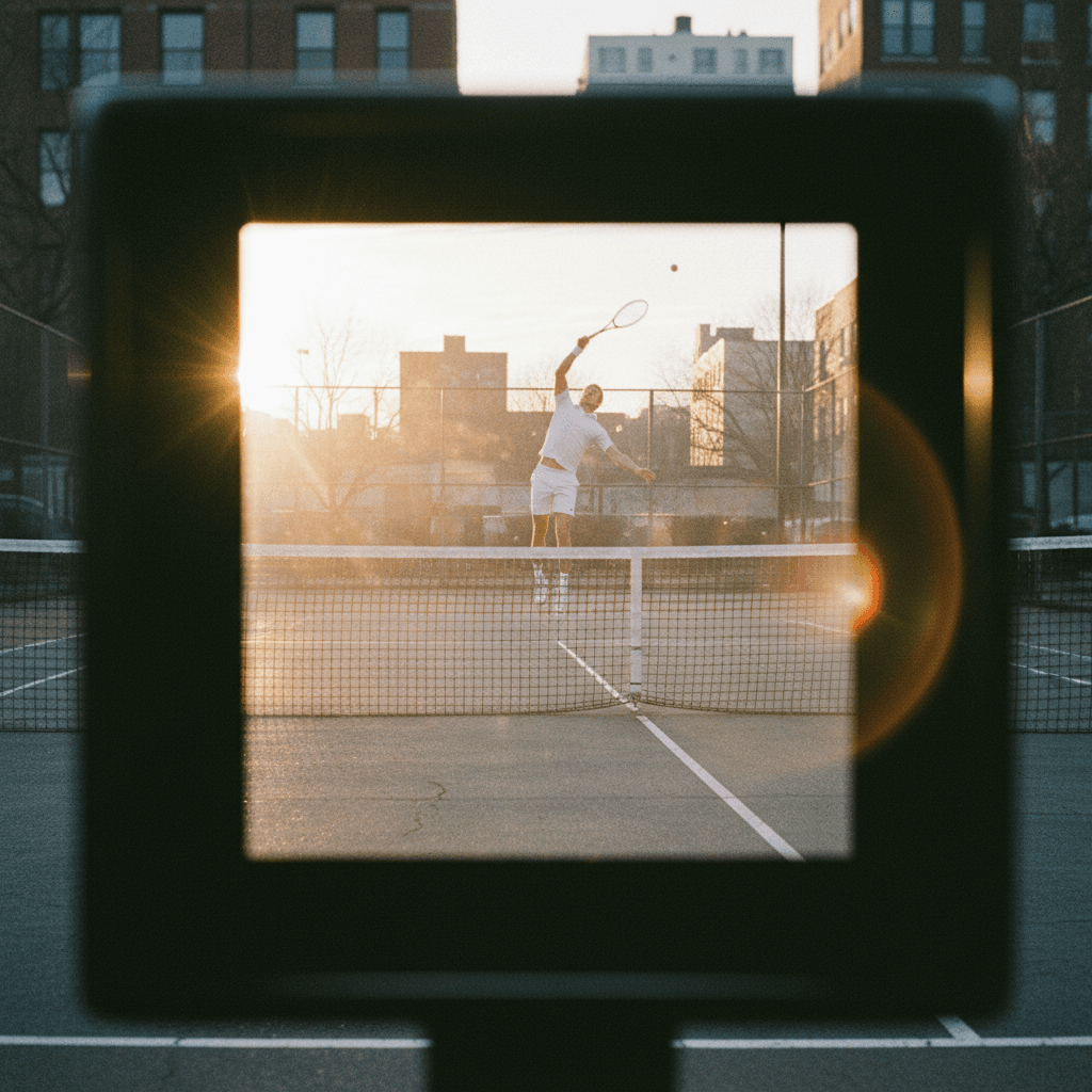 Viewfinder framing a tennis serve