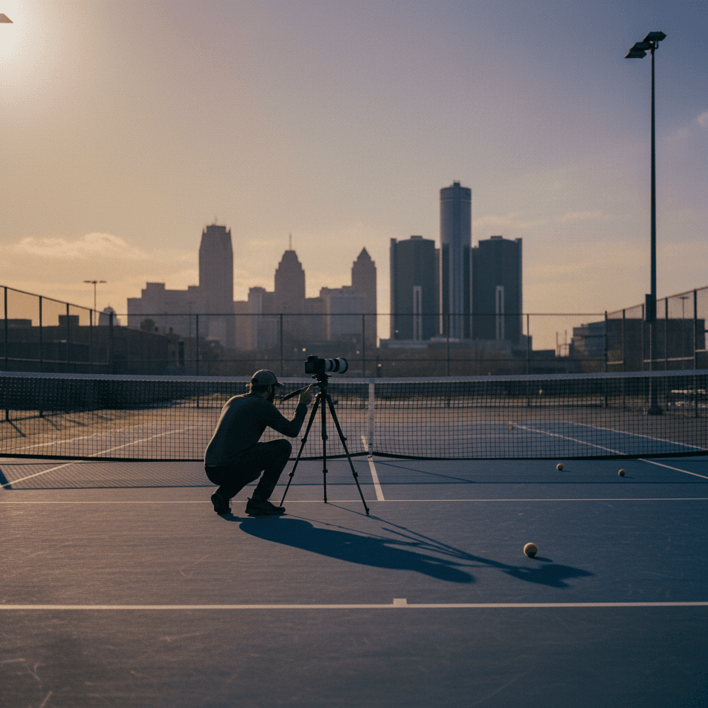 Photographer setting up at a tennis court