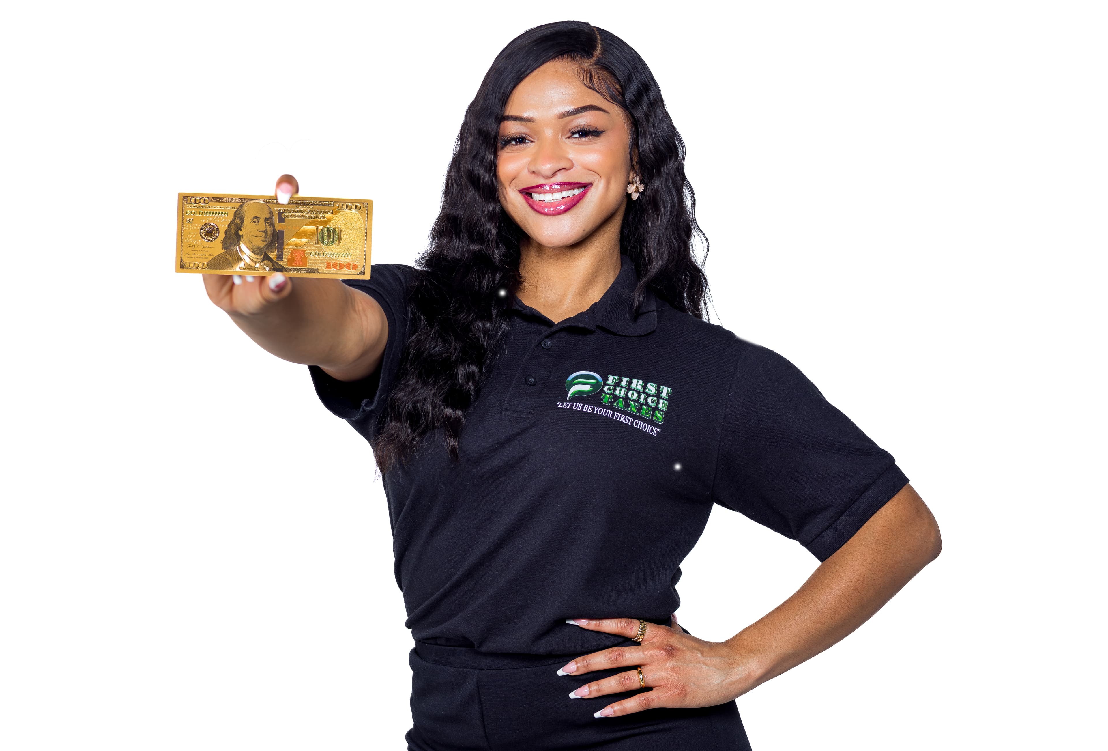 Smiling woman in a First Choice Taxes shirt holding a gold hundred dollar bill.