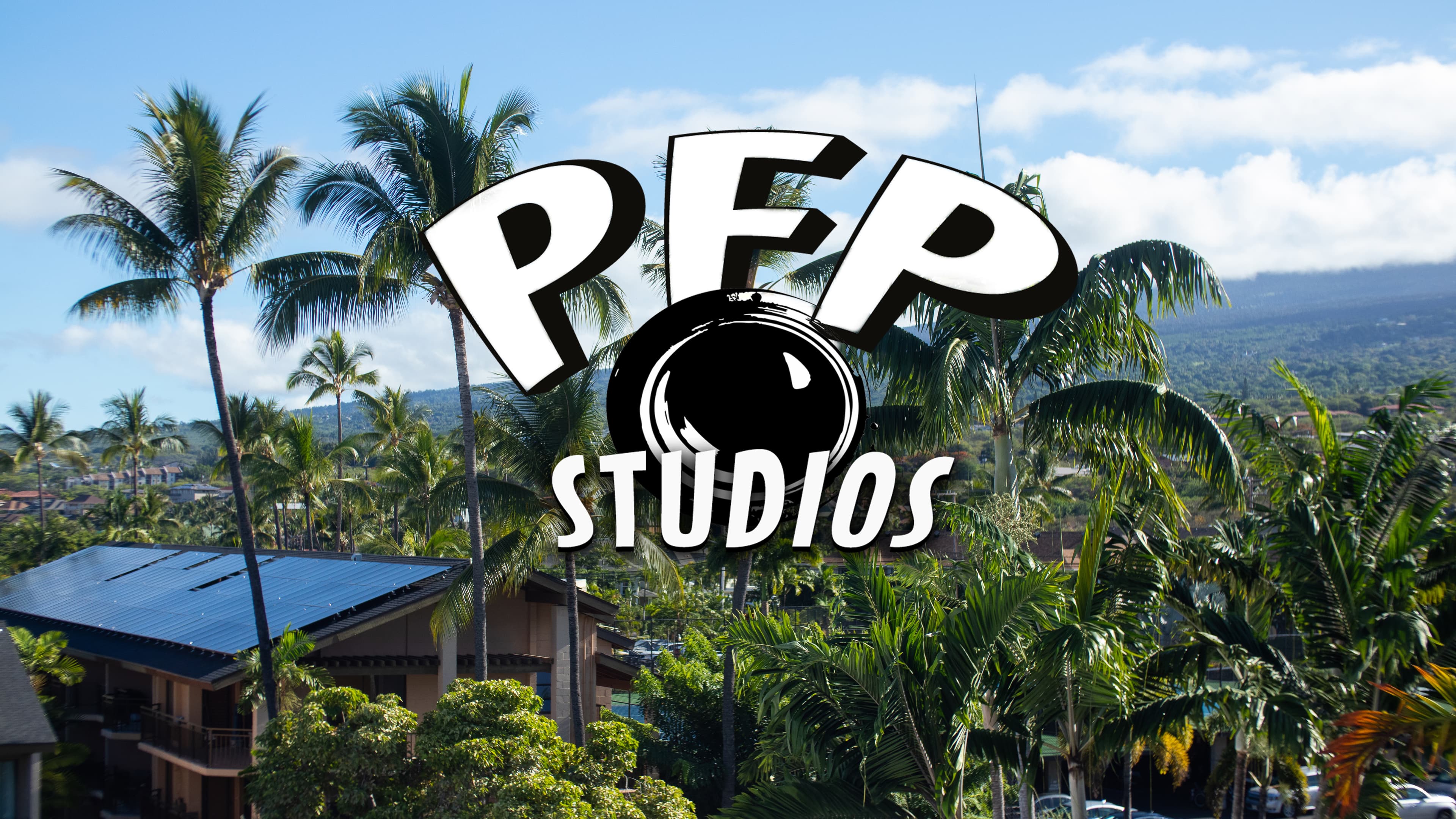 PFP Studios logo with camera lens over tropical landscape with palm trees and mountains.