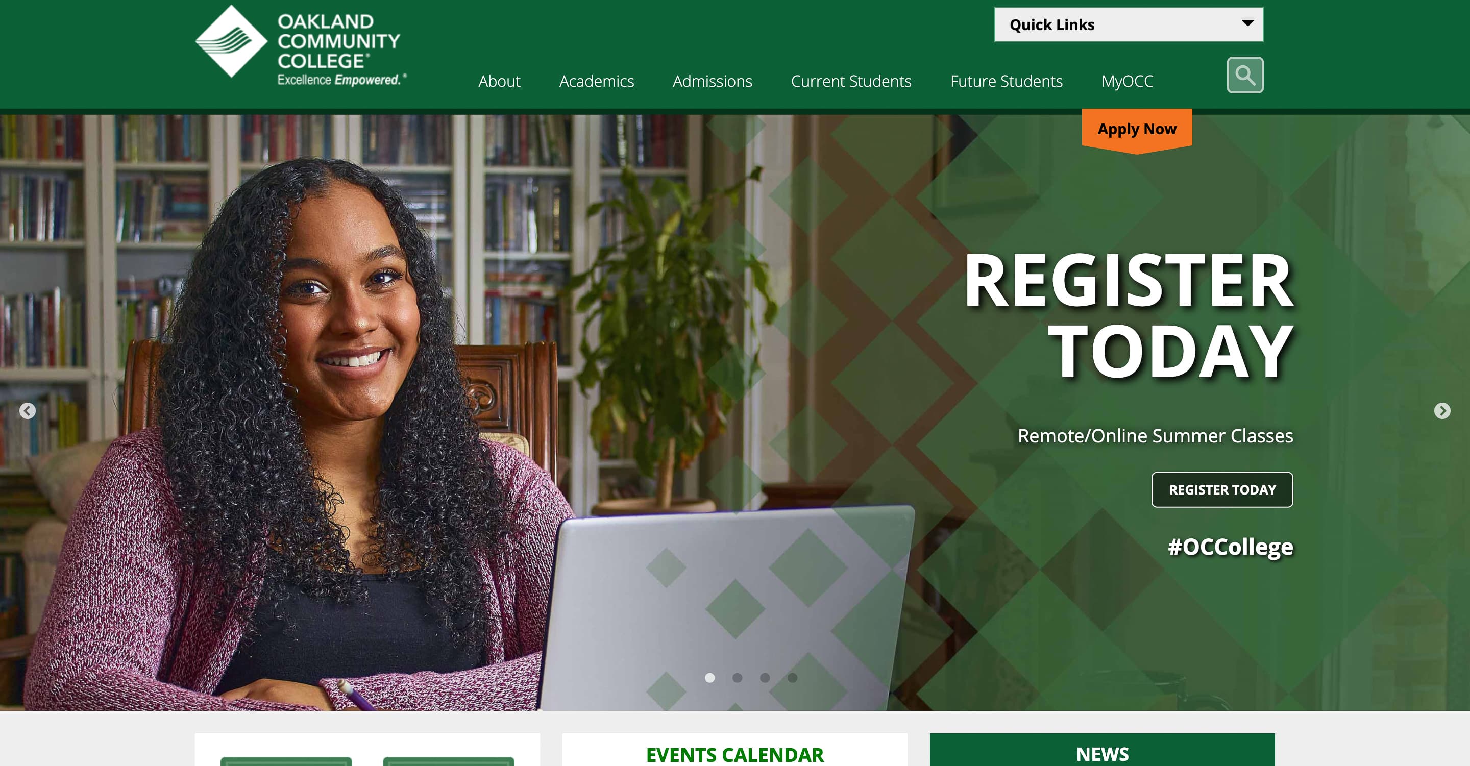Smiling student with laptop on Oakland Community College homepage promoting summer class registration.