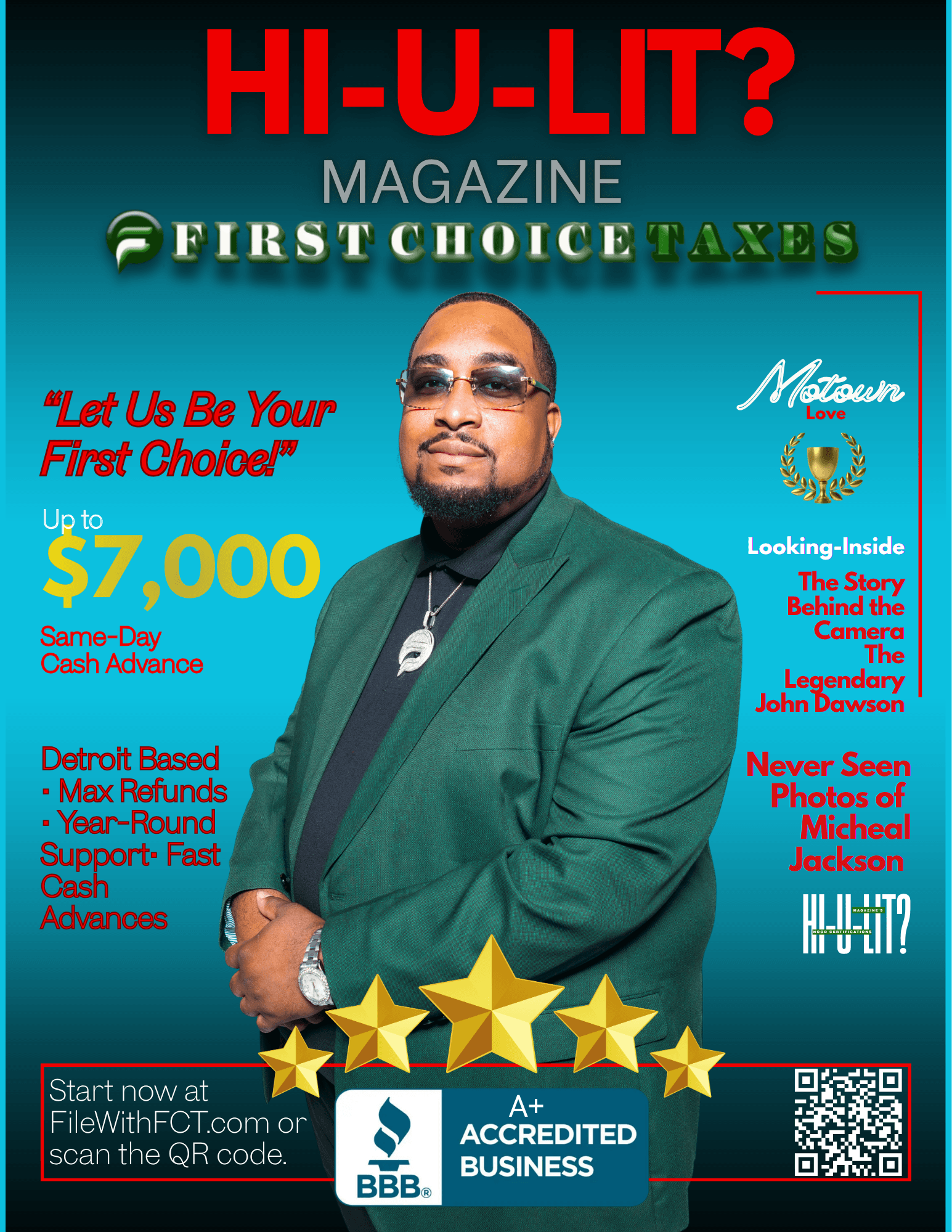 HI-U-LIT? Magazine cover featuring a man in a green suit advertising First Choice Taxes.