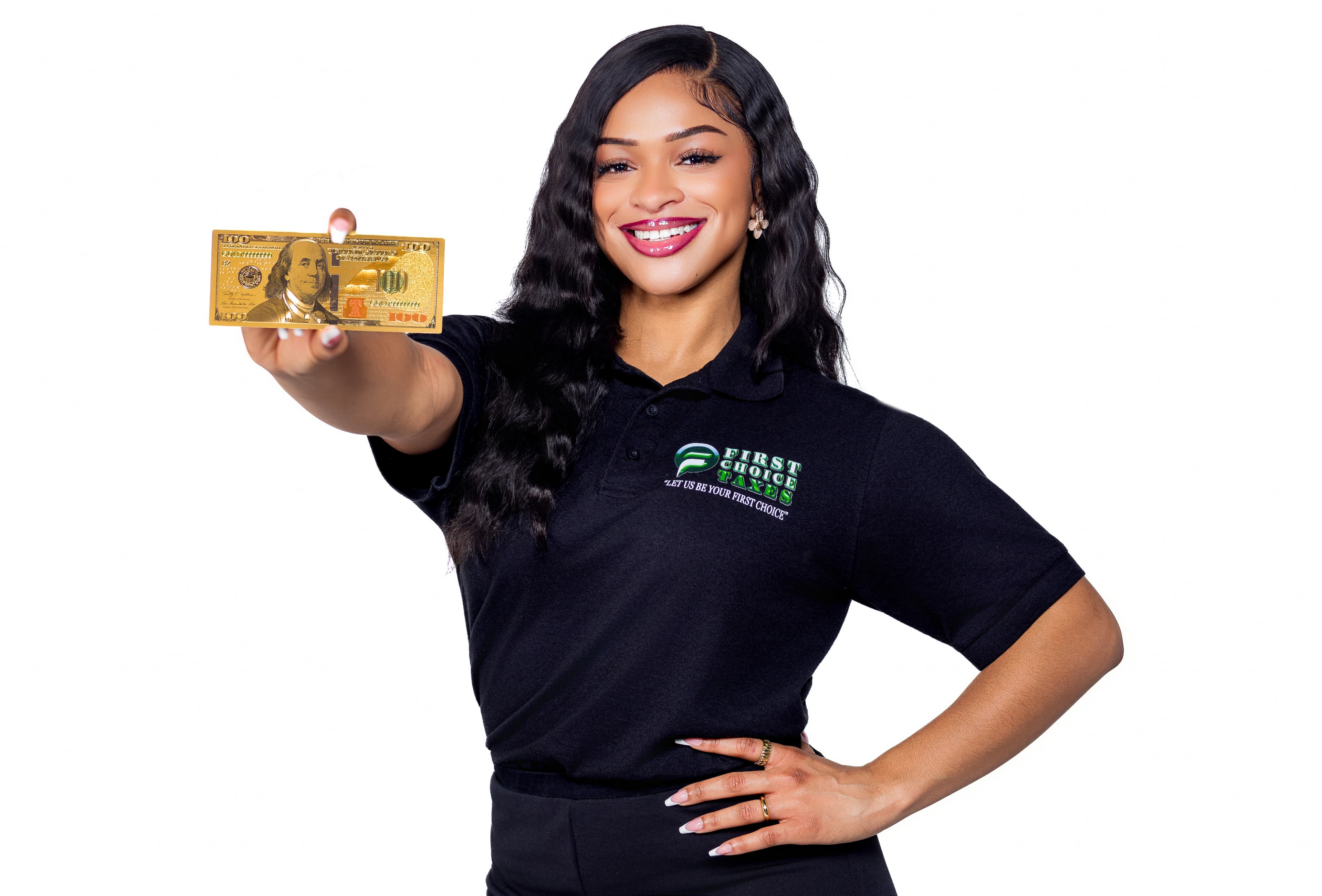 Smiling woman in a First Choice Taxes polo shirt holding a gold hundred-dollar bill.